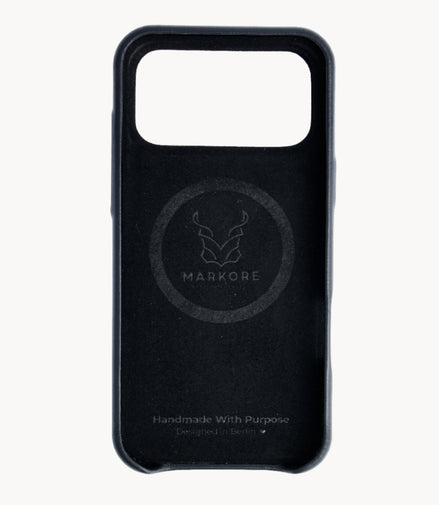 Markore Himalayan Midnight iPhone case with branding on a white background