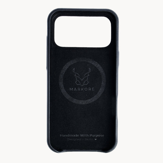 Markore Himalayan Midnight iPhone case with branding on a white background