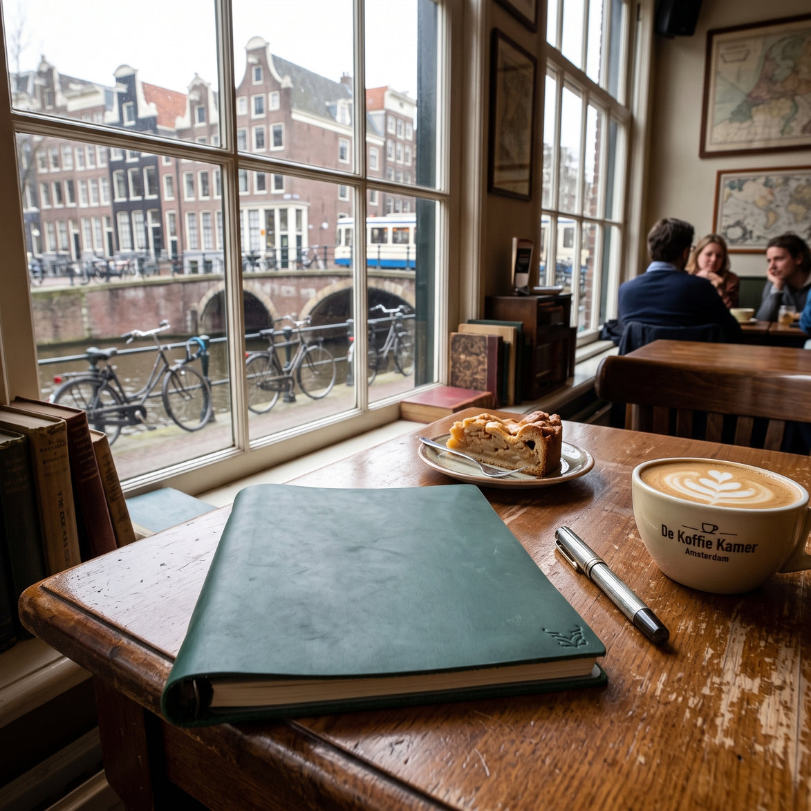 Shandur Binder in green full-grain leather on a wooden cafe table with a cappuccino, pen and apple pie, Amsterdam canal outside.
