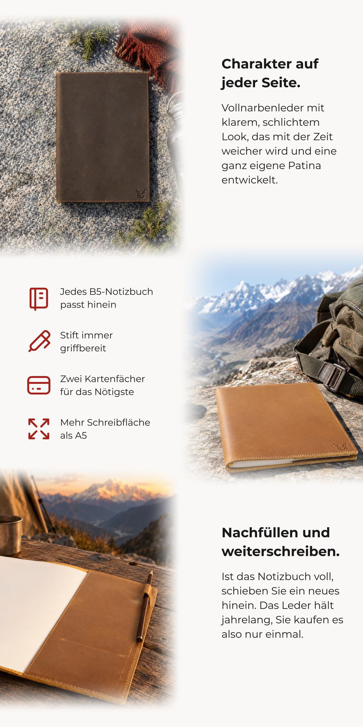Nachfüllbares B5-Notizbuch aus Leder mit Stiftschlaufe | Burzil Jotter