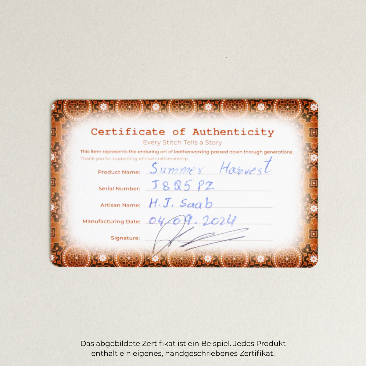 Handschriftlich signiertes Markore-Echtheitszertifikat, englisch