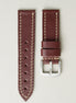 Espresso brown full-grain leather watch strap with ivory stitching, matching leather loops, and stainless steel buckle. Markore Hour Line.