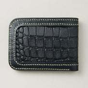 Back view of obsidian black croc-embossed full-grain leather bifold wallet featuring ivory handmade stitching. Markore Indus Sultan