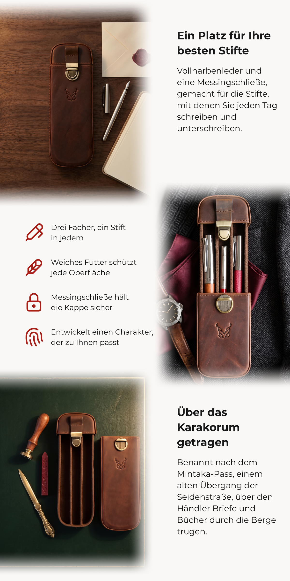 Stifteetui aus Leder für 3 Stifte | Mintaka Quill