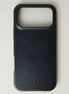 Back view of midnight black leather iphone 17 pro case with full cutout featuring embossed logo. Markore Shell Frame.