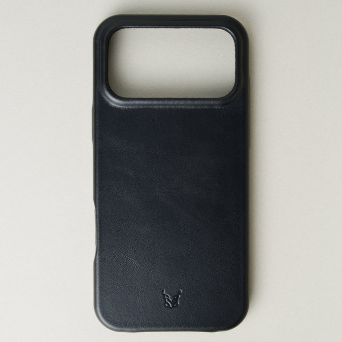 Back view of midnight black leather iphone 17 pro case with full cutout featuring embossed logo. Markore Shell Frame.
