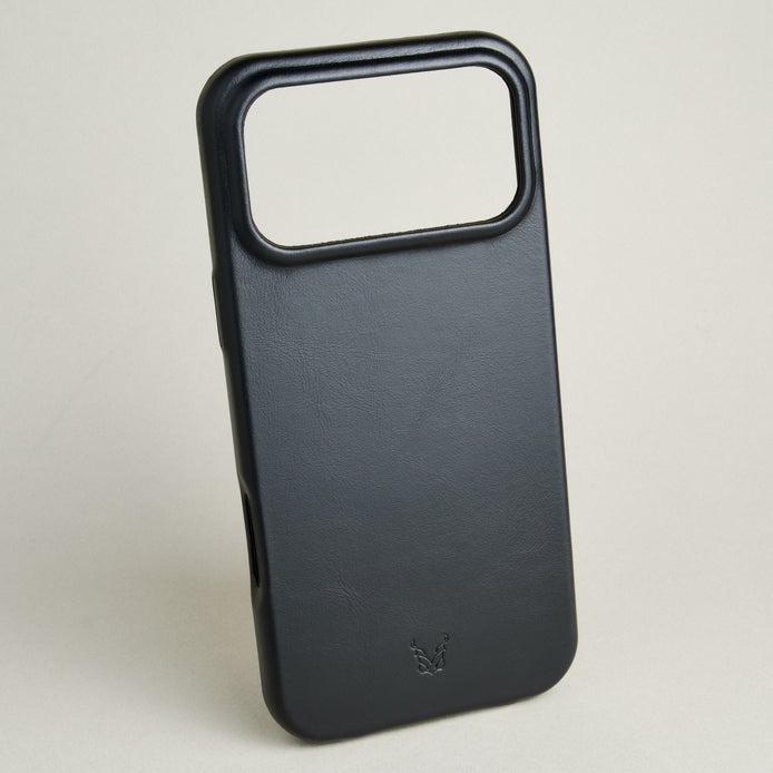 Outside side view of midnight black leather iPhone 17 pro cover with full cutout featuring embossed brand logo. Markore Shell Frame.