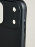 Close-up of midnight black leather iphone 17 pro case with camera cutout and side buttons. Markore Shell Guard.